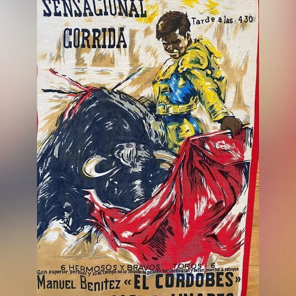 1970s Plaza De Toros de Sevilla, Sensacional Corrida Bull Fighting Scarf/Towel